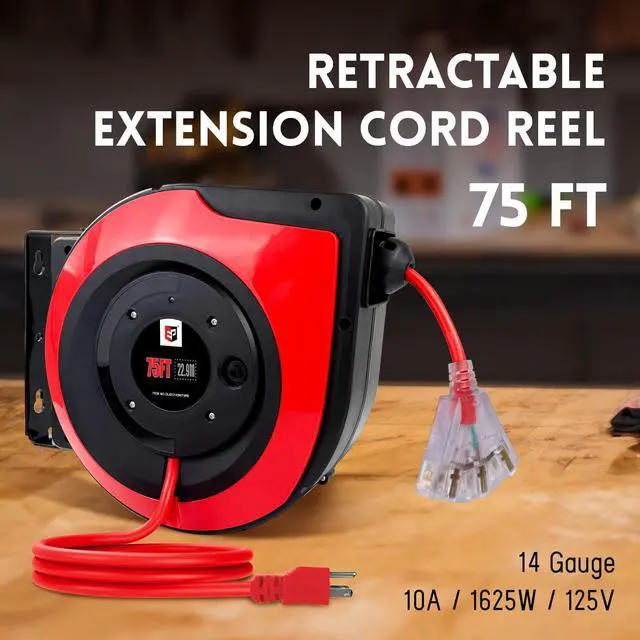 Alt view image 2 of 6 - Retractable Extension Cord Reel,75 Feet 14 AWG/3C SJTOW Heavy Duty Power Cord,10 AMP Circuit Breaker, 3-Lighted Triple Outlets,Ceiling or Wall Mount Use Indoor, Red