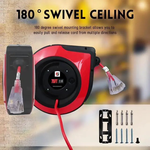 Alt view image 3 of 6 - Retractable Extension Cord Reel,75 Feet 14 AWG/3C SJTOW Heavy Duty Power Cord,10 AMP Circuit Breaker, 3-Lighted Triple Outlets,Ceiling or Wall Mount Use Indoor, Red
