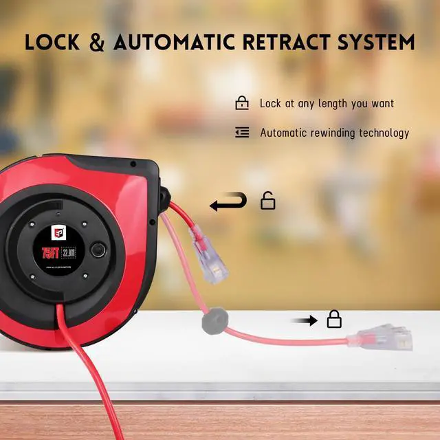 Alt view image 4 of 6 - Retractable Extension Cord Reel,75 Feet 14 AWG/3C SJTOW Heavy Duty Power Cord,10 AMP Circuit Breaker, 3-Lighted Triple Outlets,Ceiling or Wall Mount Use Indoor, Red