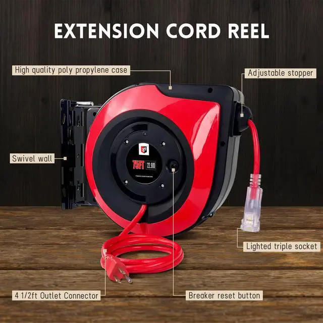 Alt view image 6 of 6 - Retractable Extension Cord Reel,75 Feet 14 AWG/3C SJTOW Heavy Duty Power Cord,10 AMP Circuit Breaker, 3-Lighted Triple Outlets,Ceiling or Wall Mount Use Indoor, Red