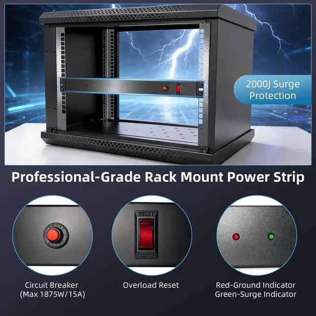 Alt view image 2 of 6 - 8-Outlet 1U Rack Mount PDU Power Strip, 2000J Surge Protection, 6ft Cord 14AWG Cord PDU Power Strip for 19-Inch Network Server Racks