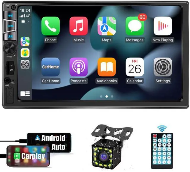 Main image of New Double Din Car Stereo with Wireless CarPlay & Android Auto, 7 in HD Car Radio with Bluetooth, USB/SD/AUX Input, FM, SWC, Subwoofer Support -HD Touchscreen Radio for Seamless Car Audio Integration