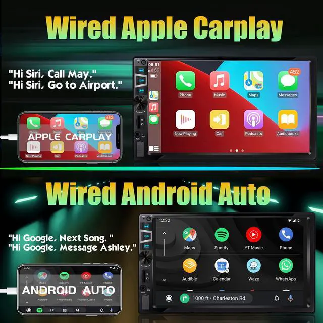Alt view image 2 of 6 - New Double Din Car Stereo with Wireless CarPlay & Android Auto, 7 in HD Car Radio with Bluetooth, USB/SD/AUX Input, FM, SWC, Subwoofer Support -HD Touchscreen Radio for Seamless Car Audio Integration