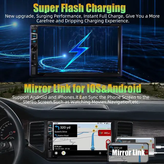 Alt view image 5 of 6 - New Double Din Car Stereo with Wireless CarPlay & Android Auto, 7 in HD Car Radio with Bluetooth, USB/SD/AUX Input, FM, SWC, Subwoofer Support -HD Touchscreen Radio for Seamless Car Audio Integration