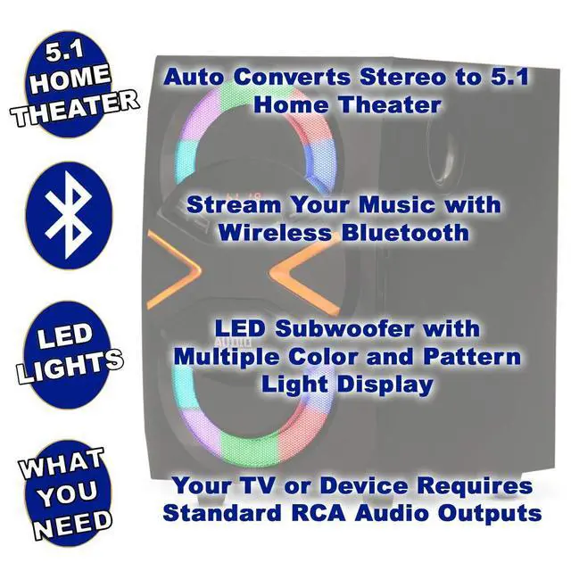 Alt view image 2 of 6 - 5.1 Speaker System 5.1-Channel with LED lights and Bluetooth Home Theater Speaker System, Black (AA5210)