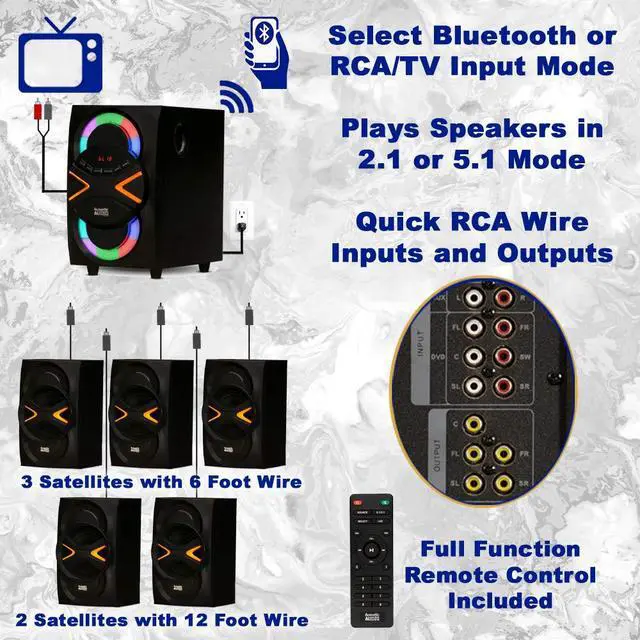 Alt view image 3 of 6 - 5.1 Speaker System 5.1-Channel with LED lights and Bluetooth Home Theater Speaker System, Black (AA5210)