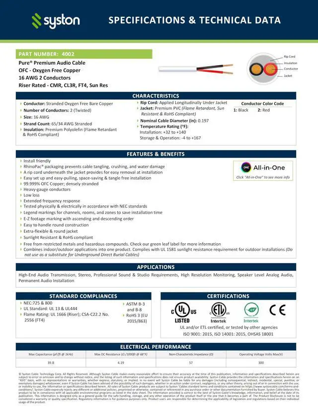Alt view image 2 of 6 - SYSTON 16/2 Speaker Audio Cable Wire Bulk, 16AWG 2C Strand OFC - Oxygen Free Copper Conductors, CMR Riser-Rated Indoor/Outdoor UV Resistant RoHS Compliant for Home Theater Car Speakers, White 250 FT