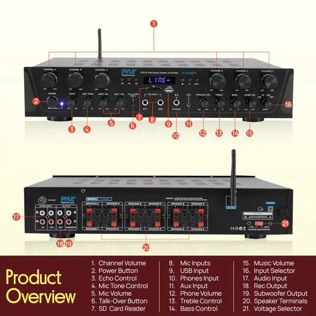 Alt view image 2 of 6 - Wireless Home Audio Amplifier System - Bluetooth Compatible 6 Channel Stereo Receiver, 600W Max Power, Simple Karaoke with Dual Mic Inputs with Tone Control, PA with Talk Over - PTA66BT.6