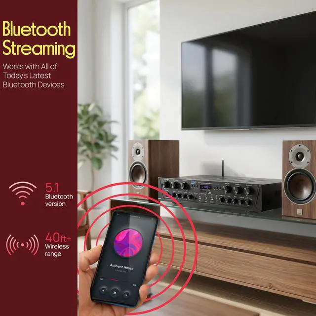 Alt view image 3 of 6 - Wireless Home Audio Amplifier System - Bluetooth Compatible 6 Channel Stereo Receiver, 600W Max Power, Simple Karaoke with Dual Mic Inputs with Tone Control, PA with Talk Over - PTA66BT.6