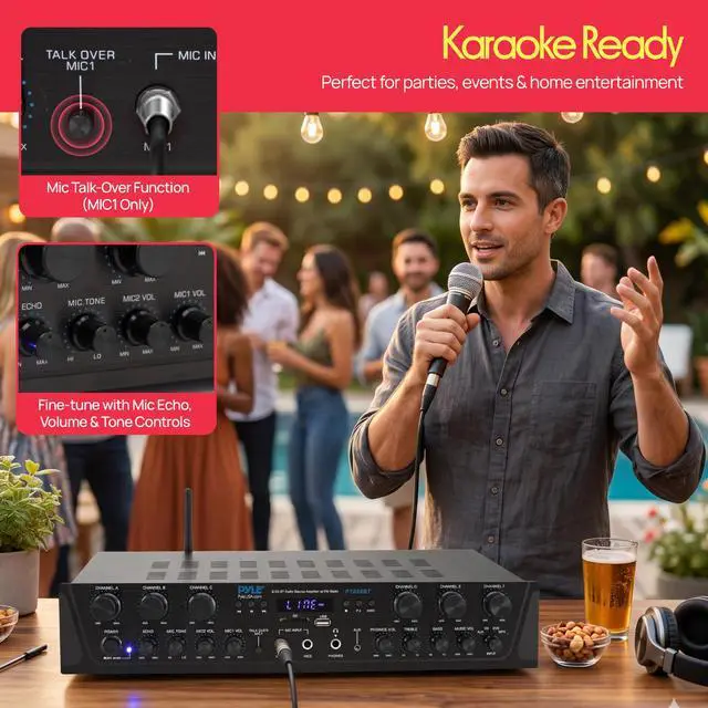 Alt view image 4 of 6 - Wireless Home Audio Amplifier System - Bluetooth Compatible 6 Channel Stereo Receiver, 600W Max Power, Simple Karaoke with Dual Mic Inputs with Tone Control, PA with Talk Over - PTA66BT.6