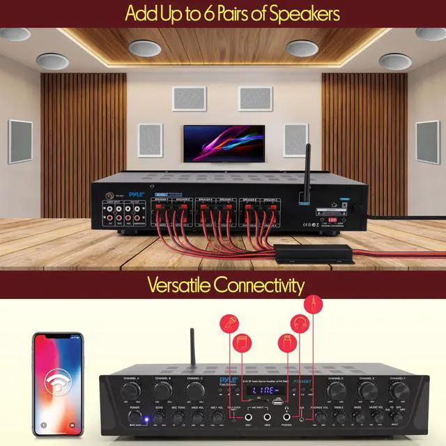 Alt view image 5 of 6 - Wireless Home Audio Amplifier System - Bluetooth Compatible 6 Channel Stereo Receiver, 600W Max Power, Simple Karaoke with Dual Mic Inputs with Tone Control, PA with Talk Over - PTA66BT.6