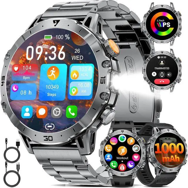 Main image of Smart Watches for Men 1000mAh Battery/Flashlight/3 Straps, 1.7" Ultra HD Screen Outdoor Smartwatch with 111 Sports Modes, Heart Rate/Sleep/Calorie Monitor, 5ATM Waterproof Fitness Tracker Android iOS
