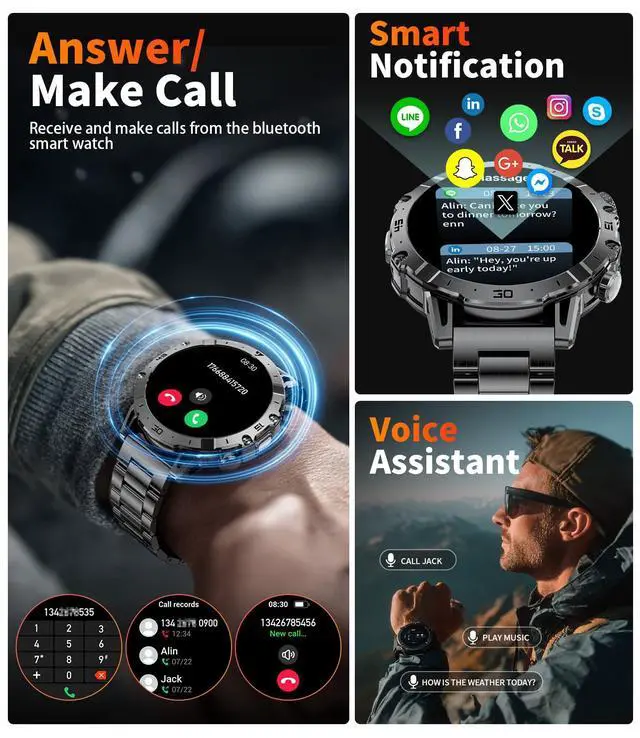 Alt view image 4 of 6 - Smart Watches for Men 1000mAh Battery/Flashlight/3 Straps, 1.7" Ultra HD Screen Outdoor Smartwatch with 111 Sports Modes, Heart Rate/Sleep/Calorie Monitor, 5ATM Waterproof Fitness Tracker Android iOS