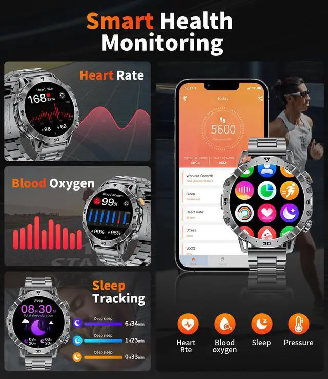 Alt view image 5 of 6 - Smart Watches for Men 1000mAh Battery/Flashlight/3 Straps, 1.7" Ultra HD Screen Outdoor Smartwatch with 111 Sports Modes, Heart Rate/Sleep/Calorie Monitor, 5ATM Waterproof Fitness Tracker Android iOS