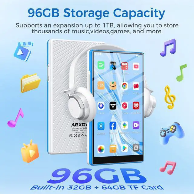 Alt view image 5 of 6 - 5" Touchscreen MP3 Player with Bluetooth and WiFi, 96GB Memory,Android Spotify Music Player for Pandora, Amazon Music, Audible. Speaker, Supports Play Store,Up to 1TB