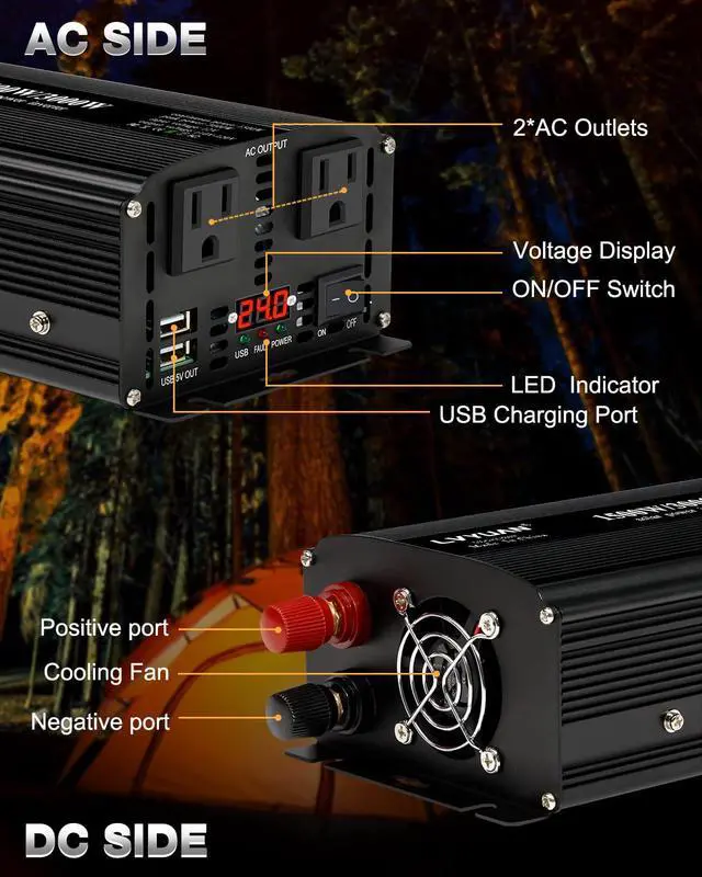 Alt view image 2 of 6 - 1500W Power Inverter 24V to 110V DC to AC with 2 US Sockets, LED Display, USB Ports for Home, Truck, Outdoor, Camping