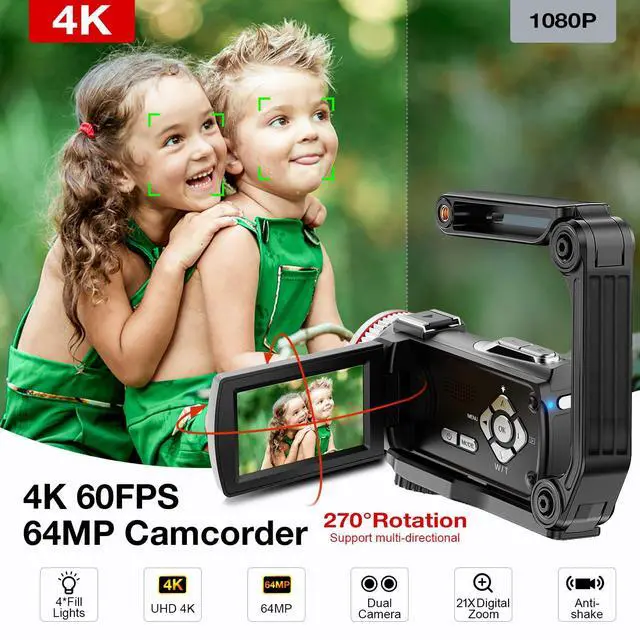Alt view image 2 of 6 - 4K Video Camera Camcorder, 64MP UHD Vlogging Camera for YouTube, 21X Digital Zoom, 4K Camcorder for YouTube with External Microphone, Stabilizer, Remote, 2 Batteries, Remote, Memory Card