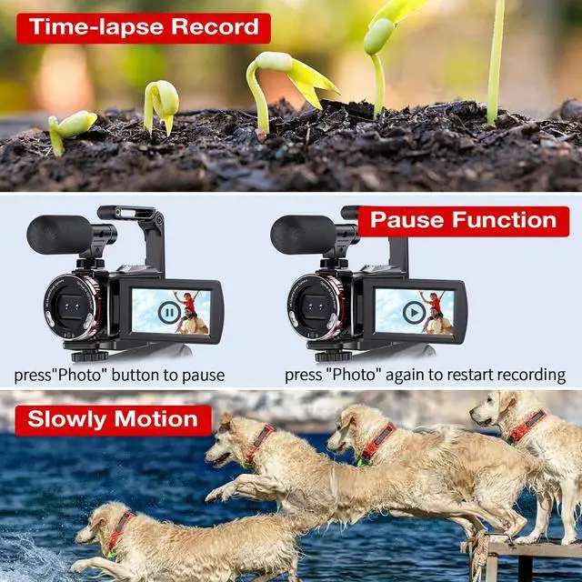 Alt view image 6 of 6 - 4K Video Camera Camcorder, 64MP UHD Vlogging Camera for YouTube, 21X Digital Zoom, 4K Camcorder for YouTube with External Microphone, Stabilizer, Remote, 2 Batteries, Remote, Memory Card