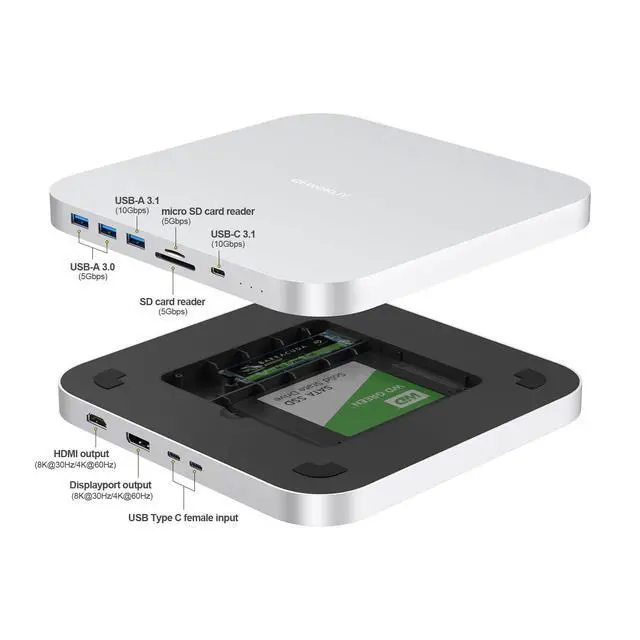Alt view image 2 of 6 - Mac mini Dock, USB-C Docking Station with Dual SSD Enclosures, Compatible with 2.5-inch SATA HDD and NVMe M.2 SSD, Mac mini Hub with 4K HDMI & DisplayPort, USB A/C Ports, TF/SD Card Reader
