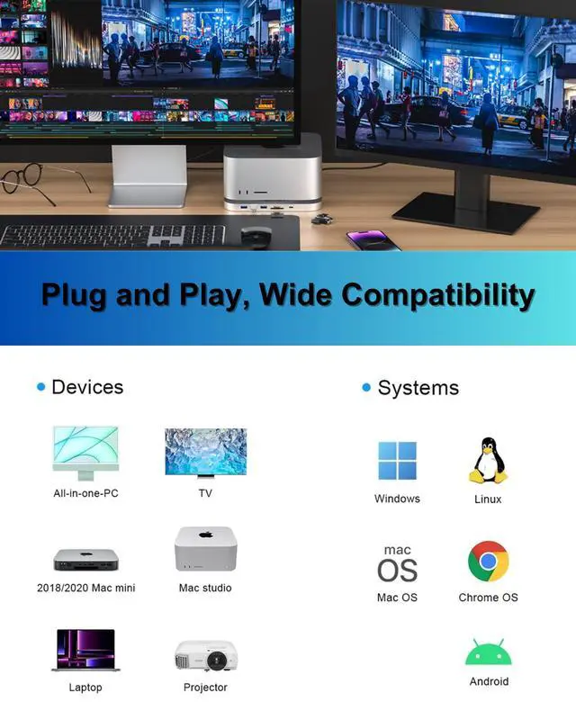 Alt view image 5 of 6 - Mac mini Dock, USB-C Docking Station with Dual SSD Enclosures, Compatible with 2.5-inch SATA HDD and NVMe M.2 SSD, Mac mini Hub with 4K HDMI & DisplayPort, USB A/C Ports, TF/SD Card Reader