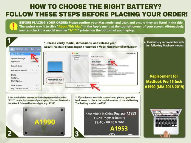 Alt view image 3 of 6 - A1953 A1990 Battery for MacBook Pro 15 Inch A1990 (Mid 2018 2019), Laptop Battery Replacement Model A1953 Battery, EMC 3215/3359-84.36Wh/7000mAh/11.40V