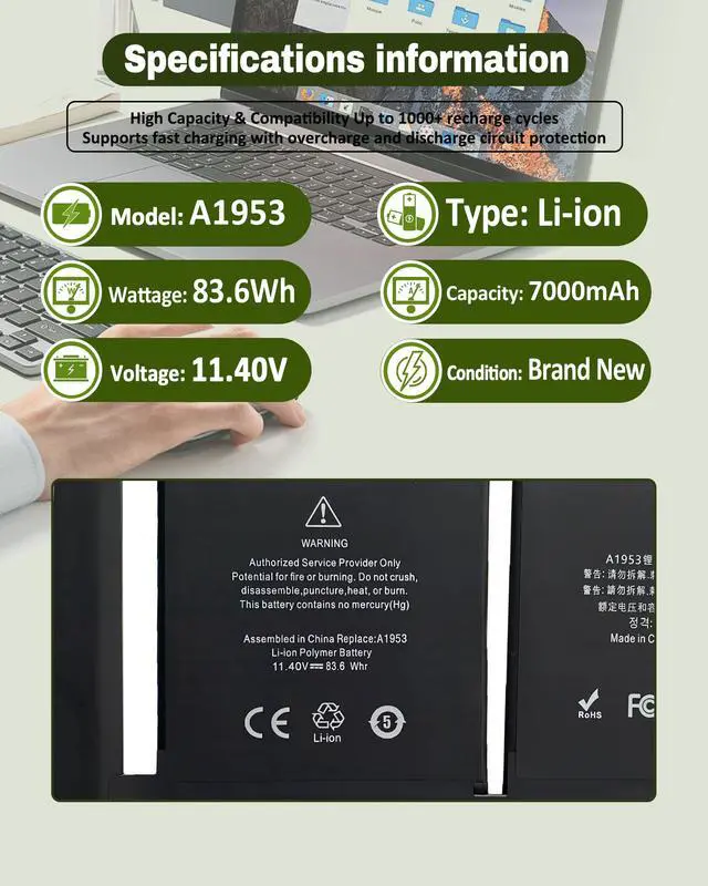 Alt view image 4 of 6 - A1953 A1990 Battery for MacBook Pro 15 Inch A1990 (Mid 2018 2019), Laptop Battery Replacement Model A1953 Battery, EMC 3215/3359-84.36Wh/7000mAh/11.40V