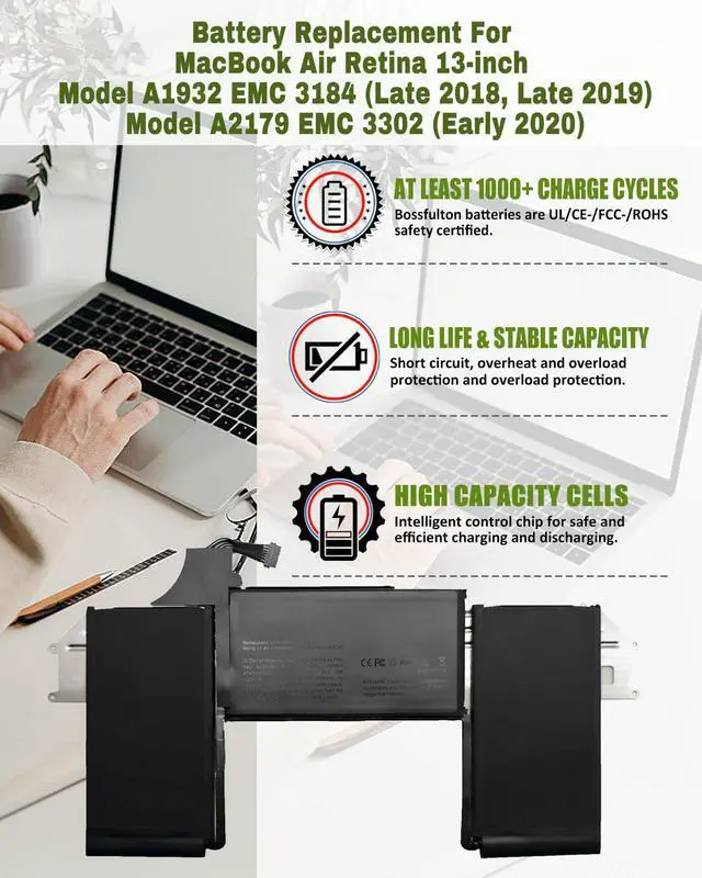 Alt view image 2 of 6 - A1965 A2179 A1932 Battery Replacement for MacBook Air A2179(2020) 13-inch A1965 Battery, Model A1932 EMC 3184 (Mid 2018, 2019) Model A2179 EMC 3302 (2020 Release Version) - 49.9Wh