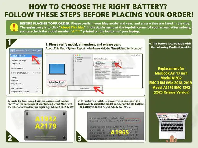 Alt view image 3 of 6 - A1965 A2179 A1932 Battery Replacement for MacBook Air A2179(2020) 13-inch A1965 Battery, Model A1932 EMC 3184 (Mid 2018, 2019) Model A2179 EMC 3302 (2020 Release Version) - 49.9Wh
