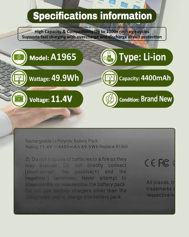 Alt view image 4 of 6 - A1965 A2179 A1932 Battery Replacement for MacBook Air A2179(2020) 13-inch A1965 Battery, Model A1932 EMC 3184 (Mid 2018, 2019) Model A2179 EMC 3302 (2020 Release Version) - 49.9Wh