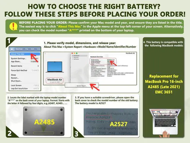 Alt view image 3 of 6 - A2485 A2527 Laptop Battery for MacBook Pro 16 inch (Late 2021) Battery A2485 EMC3651 - MK183LL/A MK193LL/A MK1A3LL/A MK1E3LL/A MK1F3LL/A MK1H3LL/A Series Notebook - 11.45V 99.6Wh