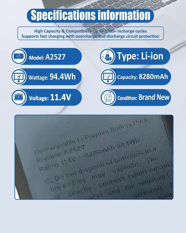 Alt view image 5 of 6 - A2485 A2527 Laptop Battery for MacBook Pro 16 inch (Late 2021) Battery A2485 EMC3651 - MK183LL/A MK193LL/A MK1A3LL/A MK1E3LL/A MK1F3LL/A MK1H3LL/A Series Notebook - 11.45V 99.6Wh