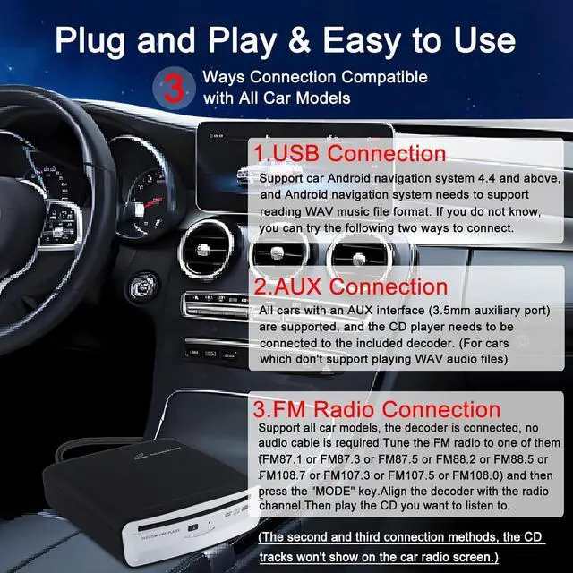 Alt view image 3 of 6 - USB External CD Player for Car, Portable Plug & Play CD Drive with AUX Cable, Universal Car CD Player Compatible with Android Car Stereo, Laptop & Desktop Computer TV