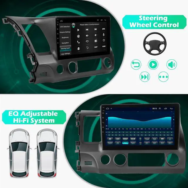 Alt view image 6 of 6 - 10.1" Android 12 Car Stereo for Honda Civic 2006-2011 (8th Gen) | Wireless Apple CarPlay & Android Auto | Bluetooth 5.0 | WiFi GPS Navigation | 2GB RAM 64GB ROM | HD Touchscreen Head Unit