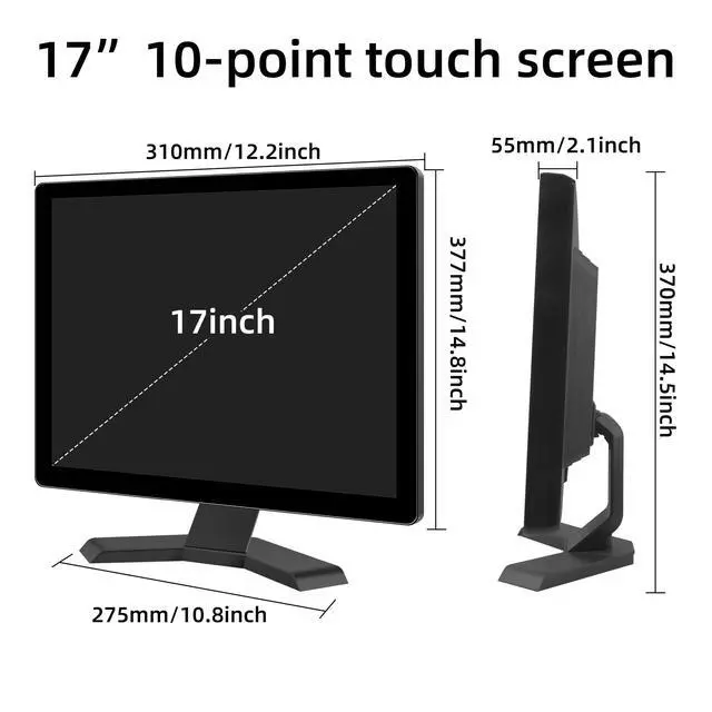 Alt view image 5 of 6 - 17" 10-Point Touch 4:3 Full HD 1280x1024 Square Touch Screen Monitor with HDMI USB Ports, VESA, Touchscreen for PC POS Machine Win 10 11, Built-in Speakers