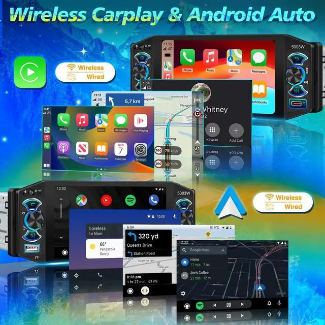 Alt view image 2 of 6 - Car Stereo with Wireless Apple Carplay & Android Auto, 5" IPS Single Din Touchscreen Radio, Bluetooth 5.2, Physical Knob Control, Waterproof Backup Camera, FM AM, MirrorLink, USB/Type-C, Navigation