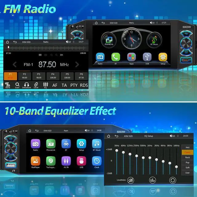 Alt view image 3 of 6 - Car Stereo with Wireless Apple Carplay & Android Auto, 5" IPS Single Din Touchscreen Radio, Bluetooth 5.2, Physical Knob Control, Waterproof Backup Camera, FM AM, MirrorLink, USB/Type-C, Navigation