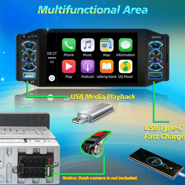 Alt view image 6 of 6 - Car Stereo with Wireless Apple Carplay & Android Auto, 5" IPS Single Din Touchscreen Radio, Bluetooth 5.2, Physical Knob Control, Waterproof Backup Camera, FM AM, MirrorLink, USB/Type-C, Navigation