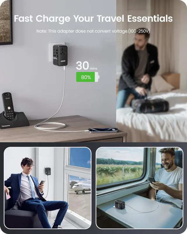 Alt view image 6 of 6 - 140W International Travel Adapter, GaN Universal Travel Adapter with 1 USB-A & 3 Type C Power Adapter, Fast Charger for Phone,Laptops, Worldwide Plug Adapter for USA/UK/EU/AUS, Black