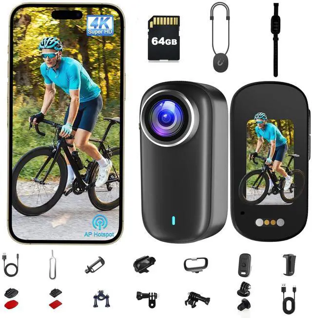 Main image of Action Camera, Body Camera 4K, 64GB Waterproof POV Camera IP65, Mini Body Cam with 1200 mAh Battery for Vlogging, Travel, Thumb Action Cam for Skiing Motorcycle Cycling
