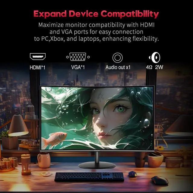 Alt view image 6 of 6 - Curved Gaming Monitor 27 inch 180Hz, FHD 1080P VA Screen 1800R Computer Monitor, 1ms with FreeSync, Low Motion Blur, DisplayPort, HDMI Monitor, Built-in Speakers