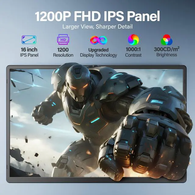Alt view image 2 of 6 - Laptop Screen Extender 16.1", 1920 * 1200 Portable Monitor with Detachable Frameless Display- 360° Rotatable Magnetic Stand, Dual Screen Plug & Play, Extra Monitor for Windows/Mac/Linux/Android