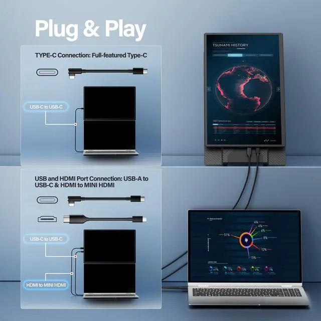 Alt view image 6 of 6 - Laptop Screen Extender 16.1", 1920 * 1200 Portable Monitor with Detachable Frameless Display- 360° Rotatable Magnetic Stand, Dual Screen Plug & Play, Extra Monitor for Windows/Mac/Linux/Android