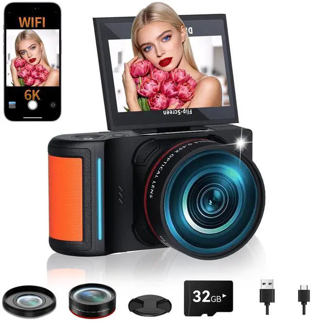 Main image of 6K Digital Camera 96MP Vlogging Camera for YouTube with 3 Inch 180° Flip Screen WiFi Autofocus 18X Zoom 32GB Card Portable Travel Camera for Beginners (XJ211 Black)
