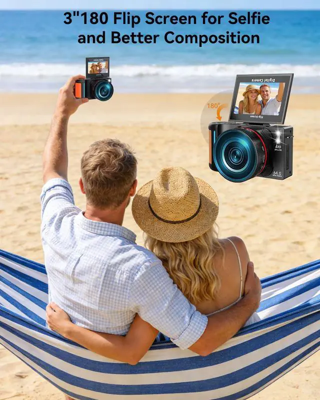 Alt view image 4 of 6 - 6K Digital Camera 96MP Vlogging Camera for YouTube with 3 Inch 180° Flip Screen WiFi Autofocus 18X Zoom 32GB Card Portable Travel Camera for Beginners (XJ211 Black)