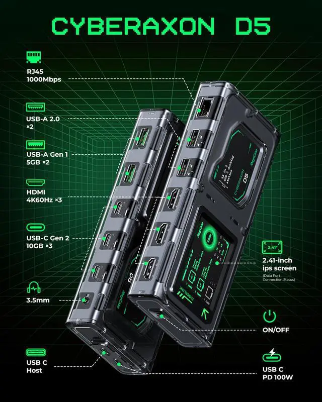 Alt view image 2 of 6 - CyberAxon D5 13-in-1 Laptop Docking Station Dock - USB C Docking Station with 2.4" Touchscreen, 3X HDMI (4K@60Hz), 100W PD, 10Gbps USB-C, Ethernet, for Mac/Windows/iPad