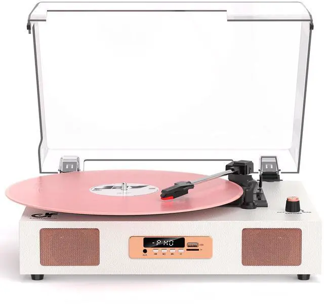 Main image of Vinyl Record Player with Built-in Stereo Speakers, 3-Speed Belt-Drive Turntable for Vinyl Records with USB, LED Display White & Rose Gold