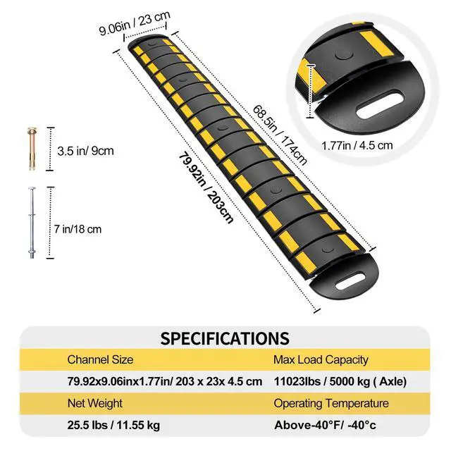 Alt view image 2 of 6 - Rubber Speed Bump, 6.4FT Portable Speed Bumps, Heavy Duty Speed Bump for Driveway Asphalt Vehicle Traffic Road Concrete Garage Gravel Roads with 5 Bolts & 3 Straps (79.9 x 9 x 1.77 Inch)