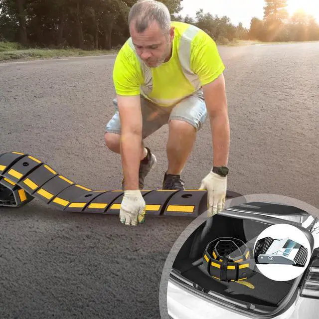 Alt view image 5 of 6 - Rubber Speed Bump, 6.4FT Portable Speed Bumps, Heavy Duty Speed Bump for Driveway Asphalt Vehicle Traffic Road Concrete Garage Gravel Roads with 5 Bolts & 3 Straps (79.9 x 9 x 1.77 Inch)
