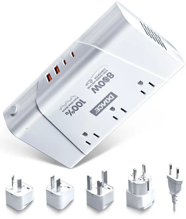 Main image of 220V to 110V Converter, 800W Voltage Converter US to Europe for Hair Straightener/Curler/Phone, Power Converter with 2 USB C & 2 USB A Ports, European Travel Plug Adapter UK, US, AU, EU, White