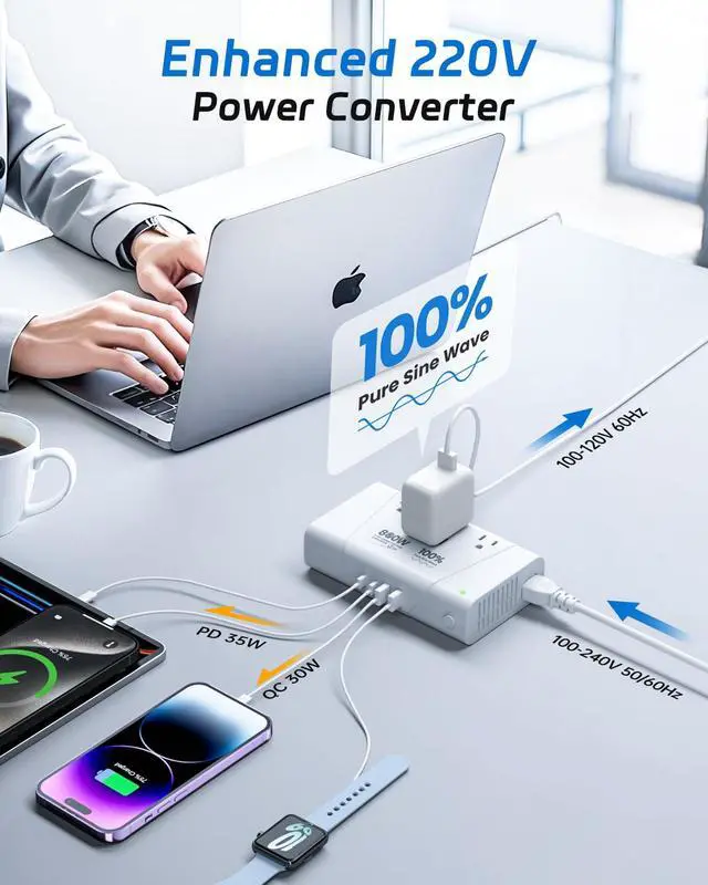 Alt view image 2 of 6 - 220V to 110V Converter, 800W Voltage Converter US to Europe for Hair Straightener/Curler/Phone, Power Converter with 2 USB C & 2 USB A Ports, European Travel Plug Adapter UK, US, AU, EU, White